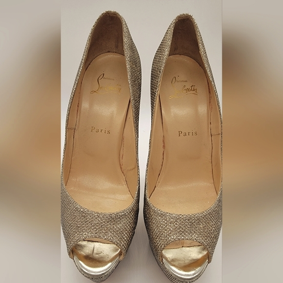 Christian Louboutin Metallic Glitter Lady Peep Pumps Ultra high heels Size 38.5 - Picture 6 of 13